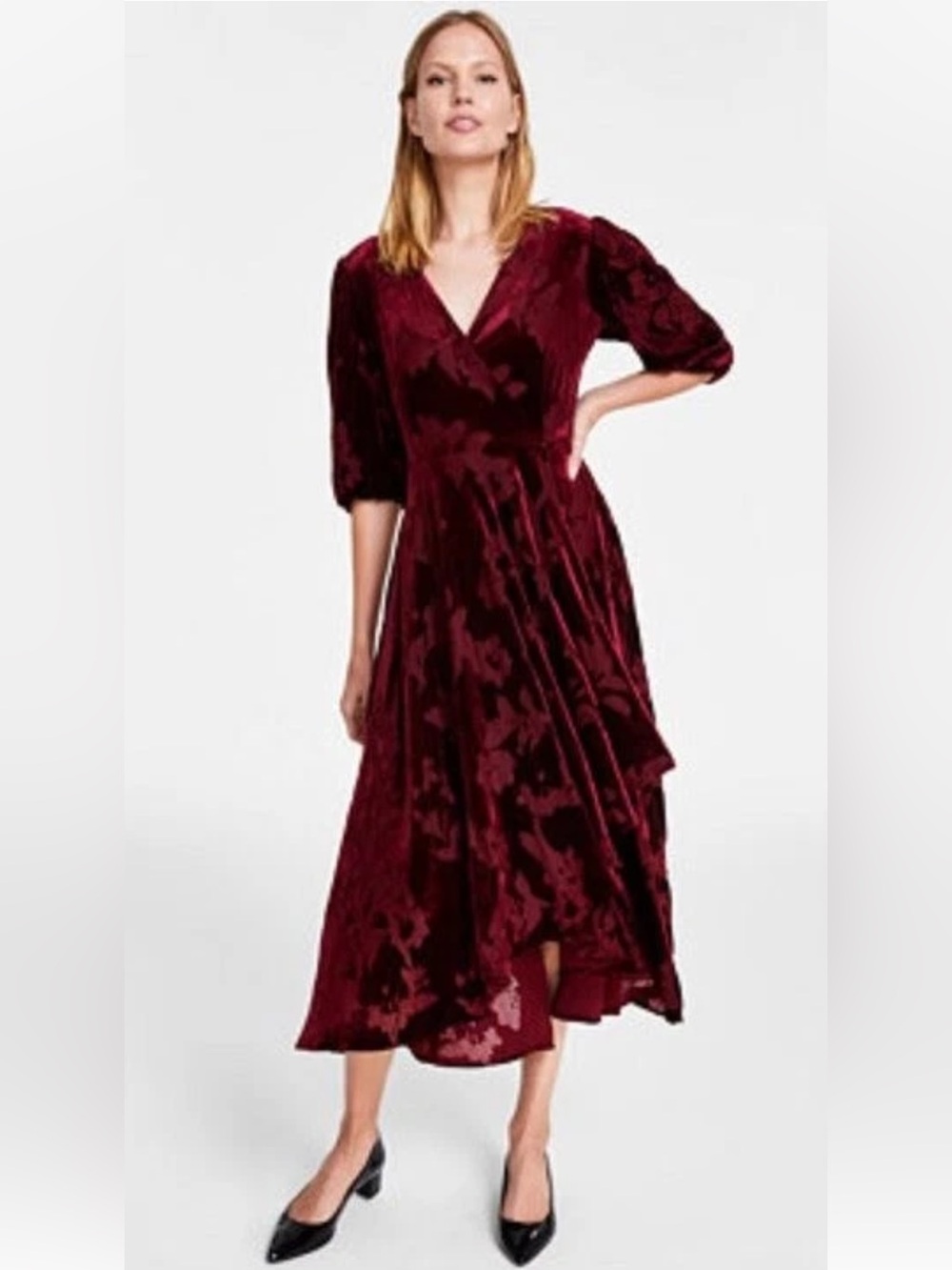 Calvin Klein Burgundy Velvet Floral Faux Wrap Dress - Size 6